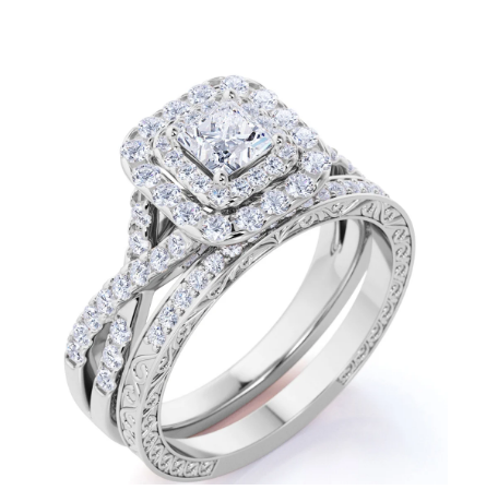 JeenMata 1.25 ct - Square Moissanite - Double Halo - Twisted Band - Vintage Inspired - Pave - Wedding Ring Set in 18K White Gold over Silver